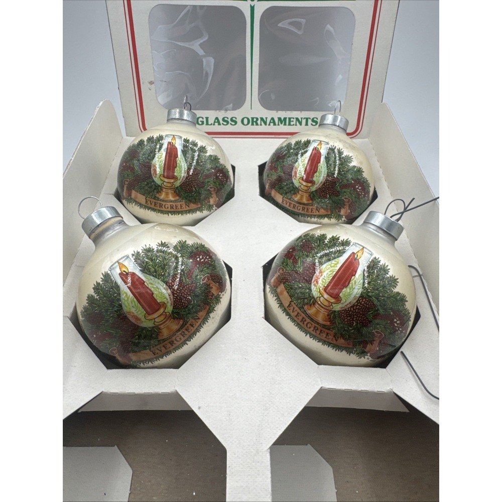 Vintage Evergreen Candle Essex Franke Company 4 Glass Ornaments Made in USA